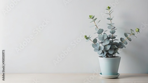 White background with a eucalyptus baby blue houseplant and copy space , houseplant, eucalyptus, baby blue
