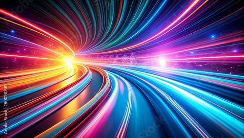 Neon technology background with fast-moving abstract light trails effect, speed of light on the highway.







