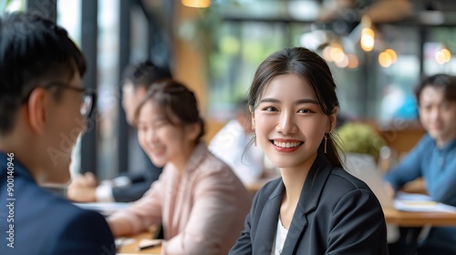 Confident Businesswoman in a Meeting   A young  professional Asian woman exudes confidence as she engages in a meeting with colleagues