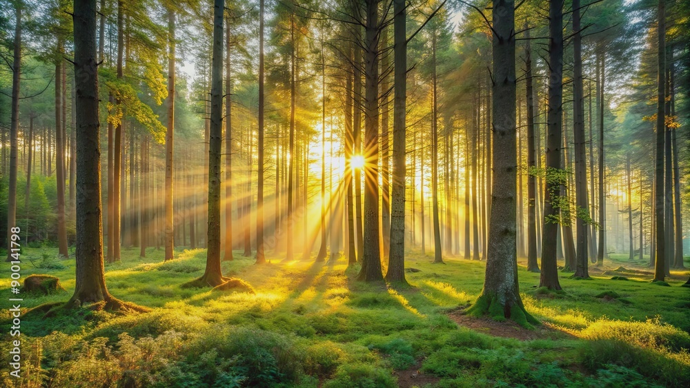 Naklejka premium Sunrise in a tranquil forest setting, morning, forest, sunlight, trees, peaceful, nature, outdoors, dawn, solitude, calm