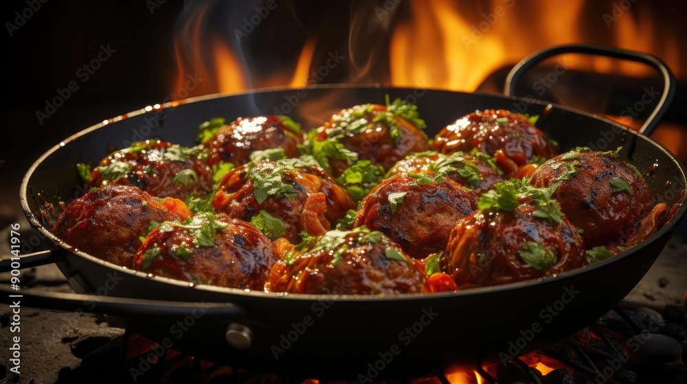 meatballs with melted tomato sauce on a bowl with a black and blur background