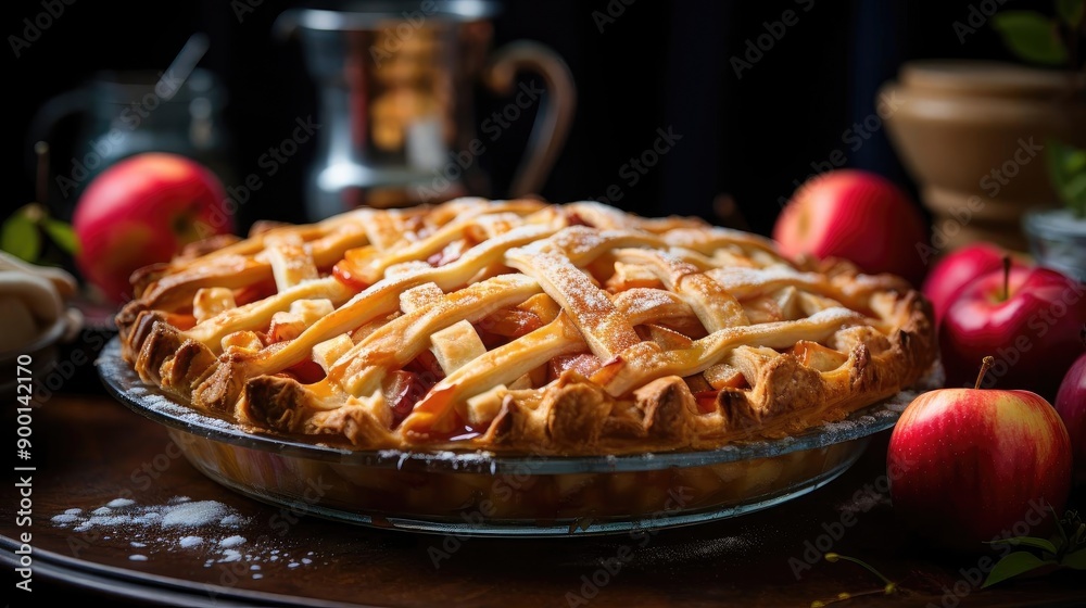 sweet apple pie with white sugar sprinkles on a wooden tray and blurred background sweet apple pie with white sugar sprinkles on a wooden tray and blurred background