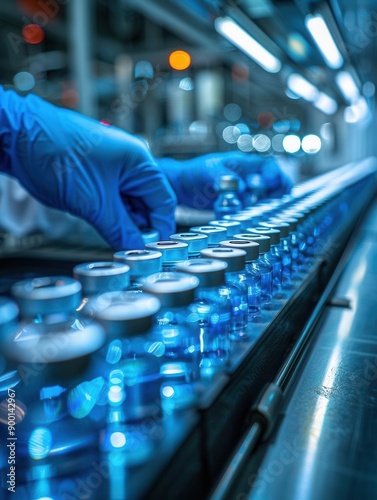 Mass production in pharmaceutical factory, pharmacist scientist with gloves analyzing vials, sterile environment, bright overhead lights, detailed close-up photo