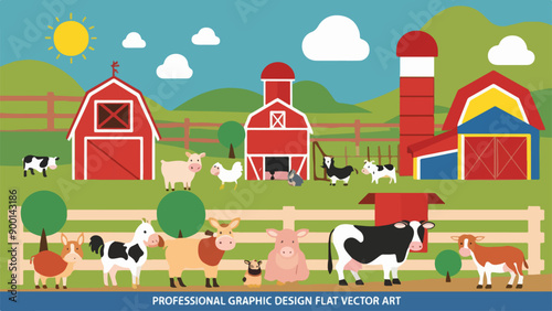 Farm background with barn, windmill, tractor and cows. Concept of organic products, farming products and farming of cows, chickens, sheep. Vector illustration.