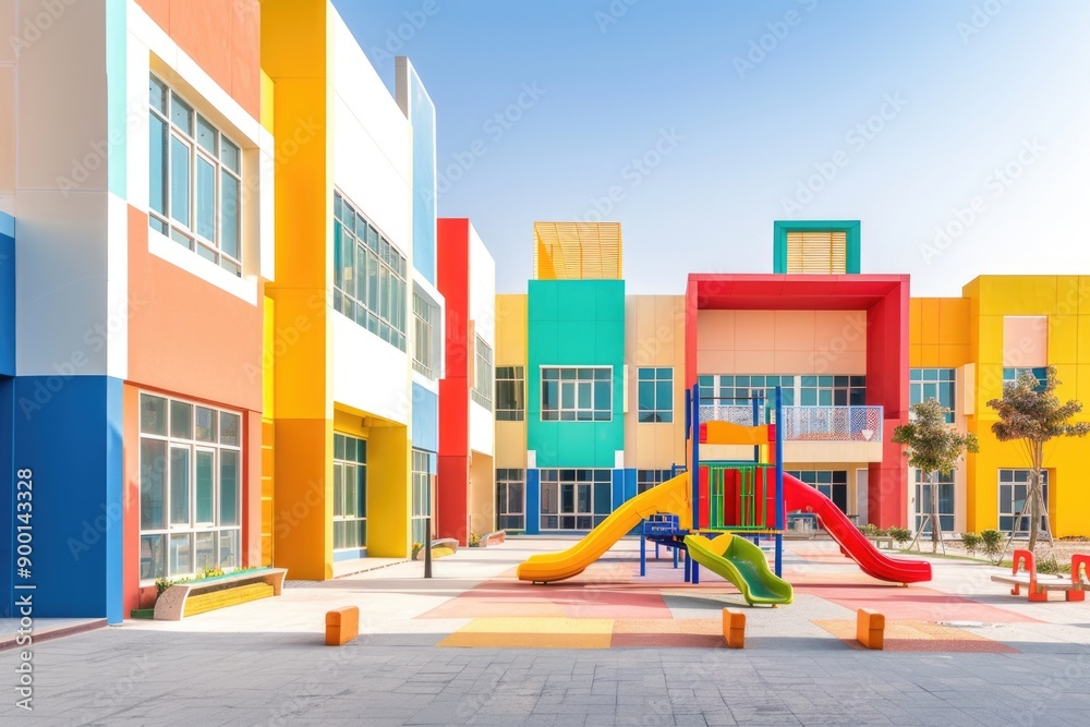 Aesthetic Exterior of a Contemporary School Building with Colorful Design and Playground Equipment Aesthetic Exterior of a Contemporary School Building with Colorful Design and Playground Equipment