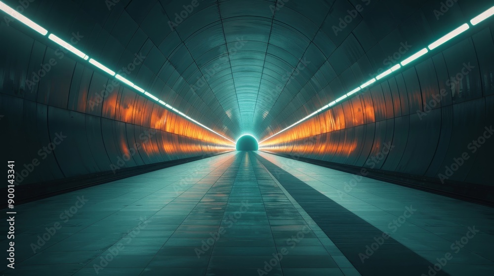 An expansive tunnel illuminated by glowing lights, leading to an inviting bright exit, creating a sense of depth and mystery.