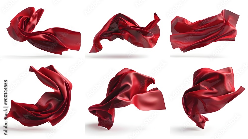 Set Of Floating Elegant Red Fabrics On White Background