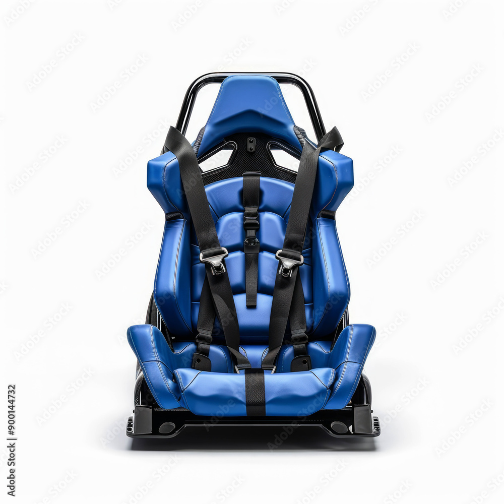 A blue supercar seat with seatbelts on a white background. AI generative. A blue supercar seat with seatbelts on a white background. AI generative.