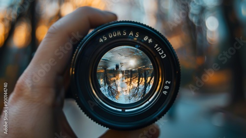 Close up Shot of a Camera lens focused on a picturesque sunset scene. photo
