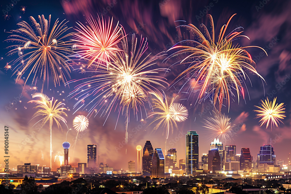 city skyline is lit up with fireworks, creating a festive and lively atmosphere. The fireworks are scattered throughout the sky, with some closer to the ground and others higher up city skyline is lit up with fireworks, creating a festive and lively atmosphere. The fireworks are scattered throughout the sky, with some closer to the ground and others higher up