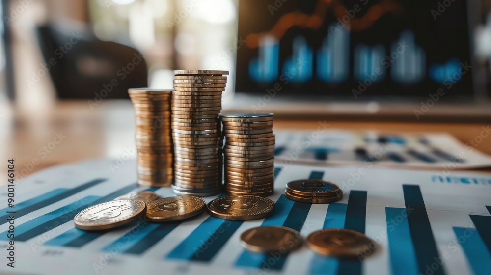 Stacks of coins on financial charts showcasing investment growth and economic trends, emphasizing wealth and business strategy. Stacks of coins on financial charts showcasing investment growth and economic trends, emphasizing wealth and business strategy.