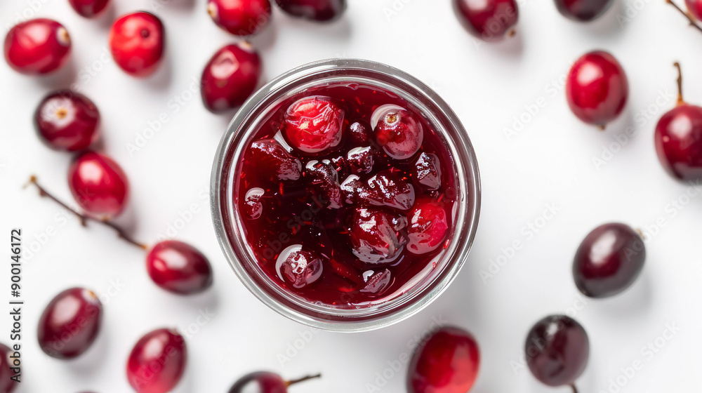 Aerial view of cranberry jam jar on white background. AI generative. Aerial view of cranberry jam jar on white background. AI generative.