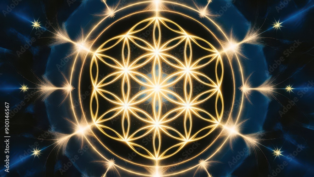 Fototapeta premium A mesmerizing geometric pattern featuring luminous flowers, radiating light and energy in a dark backdrop.