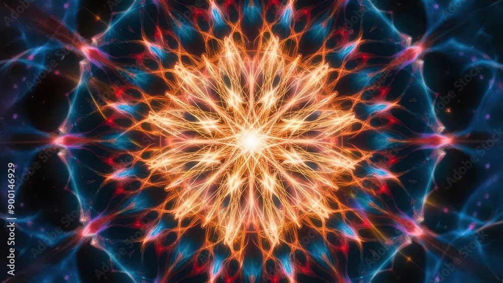 Fototapeta premium Vibrant digital artwork featuring a symmetrical starburst pattern with intricate lines and radiant colors, creating a mesmerizing visual effect.