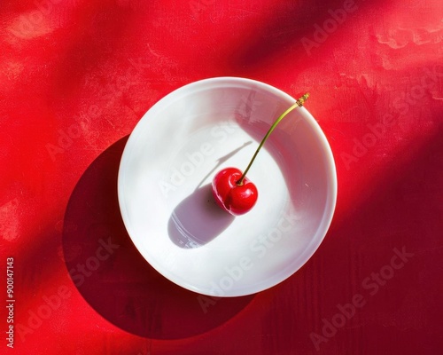 A single red cherry sits on a white plate against a red background