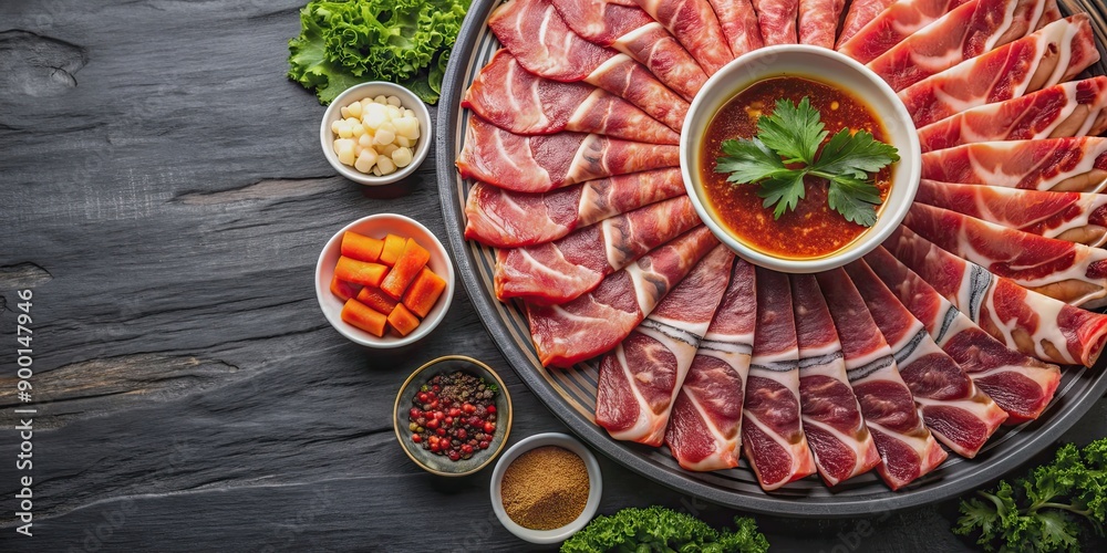 Top view of sliced beef and pork with spicy sauce at shabu restaurant, sliced, beef, pork, top view, spicy sauce Top view of sliced beef and pork with spicy sauce at shabu restaurant, sliced, beef, pork, top view, spicy sauce