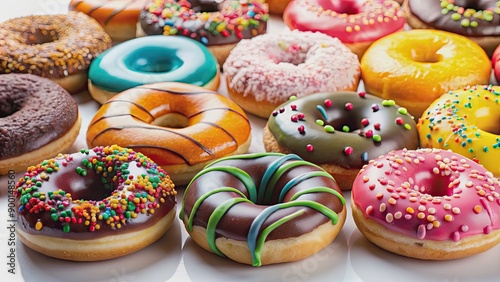 Close-up of assorted colorful donuts on a white background, donuts, sweet, desserts, bakery, pastries, sprinkles, icing © Sujid