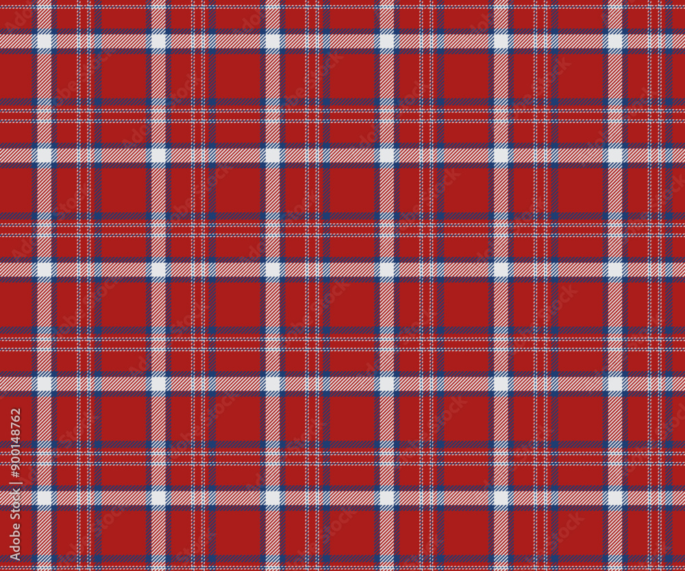 Obraz premium Plaid pattern, red, blue, white, seamless for textiles and designing clothing, skirts, pants, aprons, tablecloths, blankets or decorative fabrics. Vector illustration.