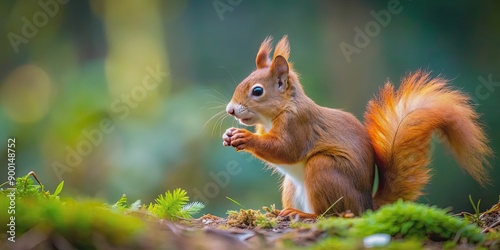 Eurasian red squirrel foraging for food in a vibrant forest setting, squirrel, cute, wildlife, animal, red, furry, small