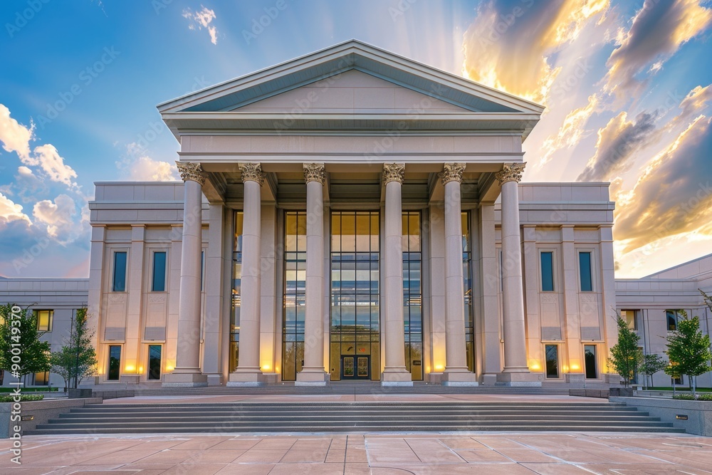 Obraz premium Aesthetic Modern Courthouse Exterior with Columns and Sunset - Ideal for Legal Design Projects