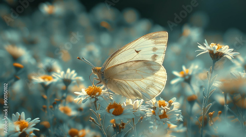 Solo butterfly on a white flower, wings and antennae in sharp focus. AI generative. photo