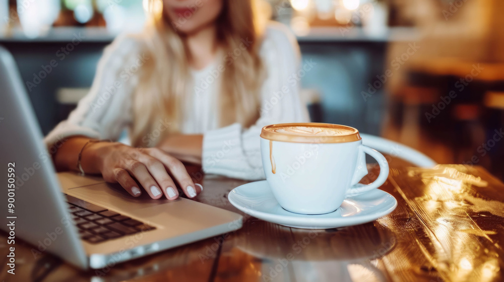 Freelancer working on laptop in urban cafe with cappucino. AI generative. Freelancer working on laptop in urban cafe with cappucino. AI generative.