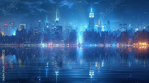 Night City Skyline with Water Reflection Illustration