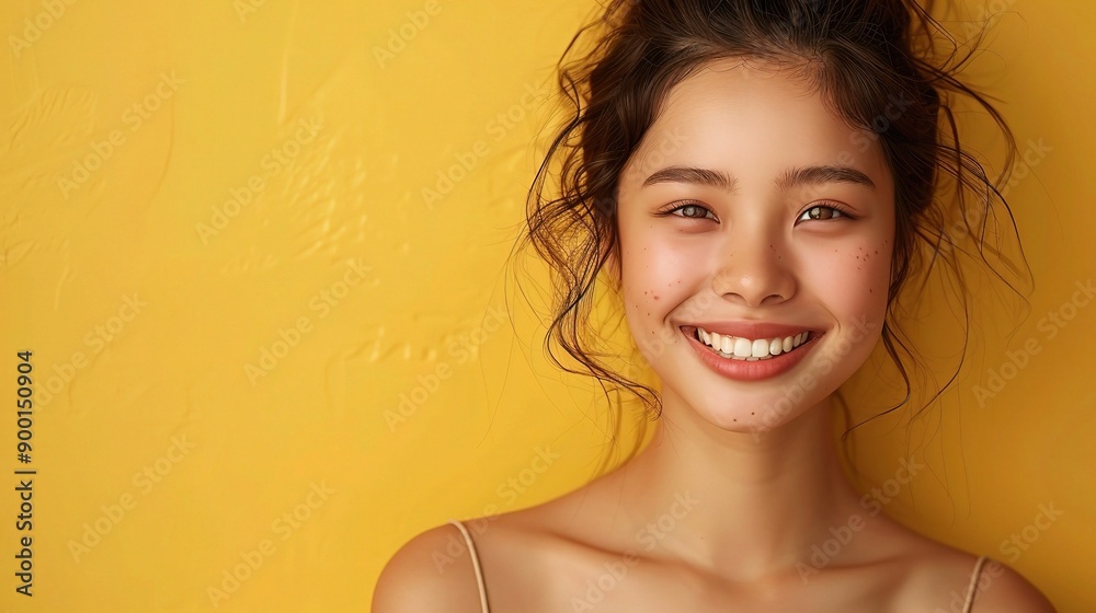 Φωτογραφία Asian woman, happy and smile on face for fashion and skincare or beauty on a yellow background