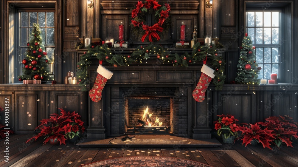 3D Christmas fireplace with stockings and a decorated mantle 3D Christmas fireplace with stockings and a decorated mantle