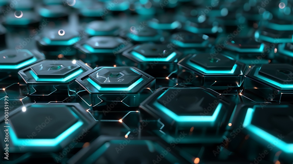 Fototapeta premium Abstract Background with a Hexagonal Pattern. The hexagons have glowing edges and are arranged in a grid formation.