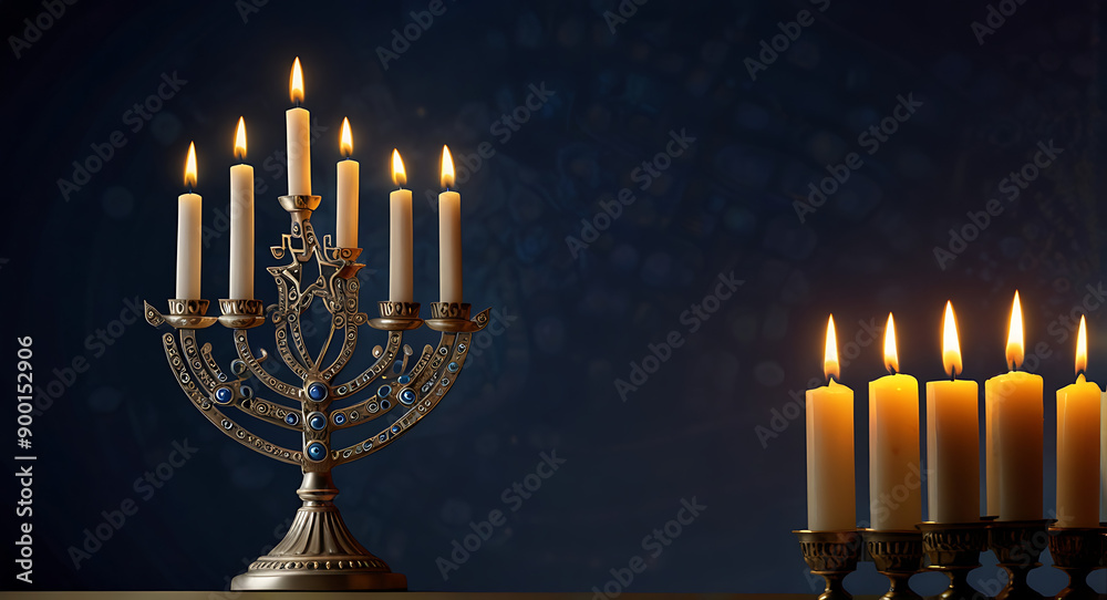 A digital illustration of a Jewish menorah, symbolizing the miracle of Hanukkah, with glowing candles and traditional motifs, with space for text. A digital illustration of a Jewish menorah, symbolizing the miracle of Hanukkah, with glowing candles and traditional motifs, with space for text.