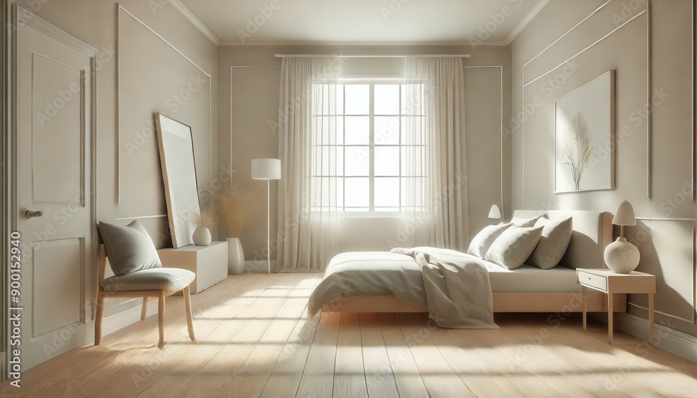 Fototapeta premium Modern Bedroom Interior Design with Beige Walls, Wooden Floor and Large Window.