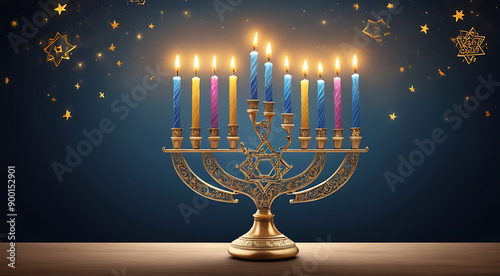 A digital illustration of a Jewish menorah, symbolizing the miracle of Hanukkah, with glowing candles and traditional motifs, with space for text.