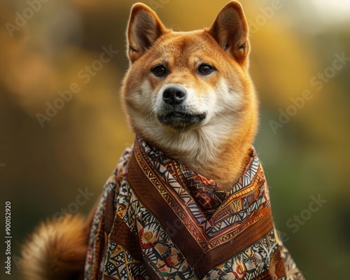 Shiba Inu in a batik shirt, standing confidently Evening light, closeup shot highlighting the traditional batik design against the dogs fur photo