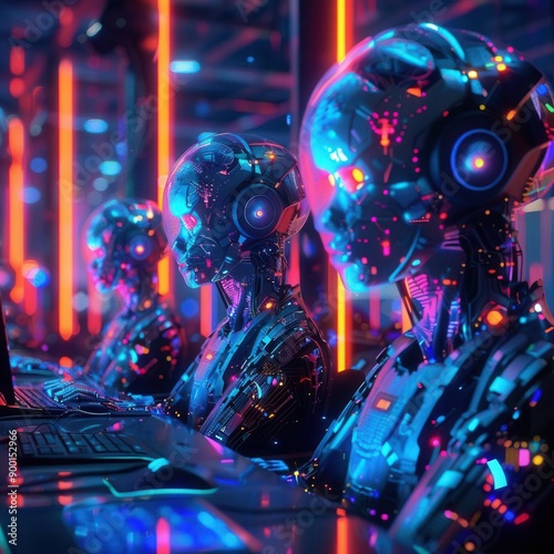 Digital art of AI chatbots working on computers, colorful neon light effects Modern, techsavvy environment highlighting generative AI communication