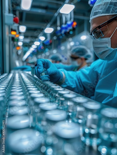 Mass production in pharmaceutical factory, pharmacist scientist with gloves analyzing vials, sterile environment, bright overhead lights, detailed close-up