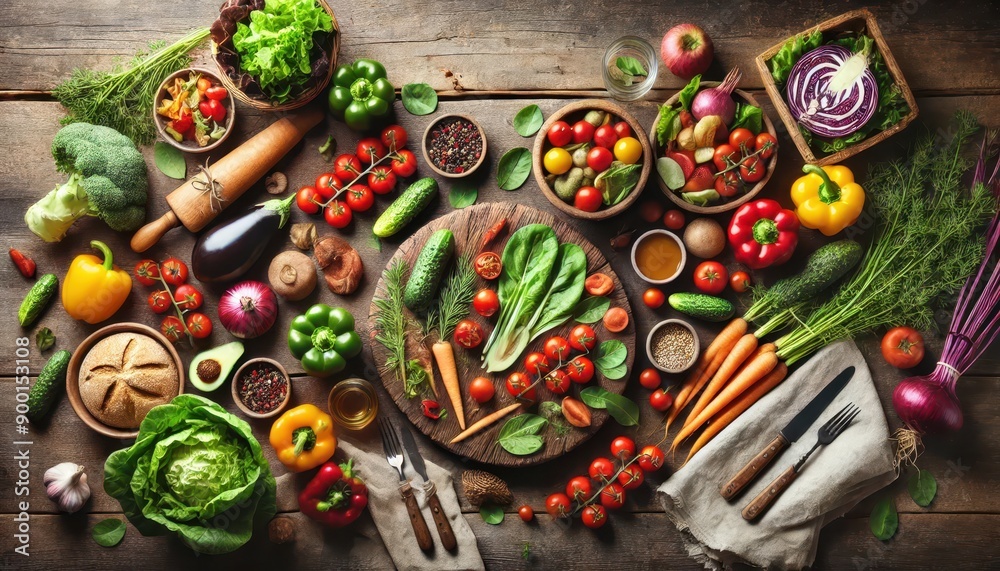 Fototapeta premium Fresh Vegetables and Herbs on Rustic Wooden Background - Healthy Eating Concept.