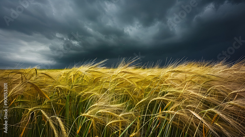 Golden barley fields swaying under a stormy sky dramatic lighting Crops the unpredictability of nature