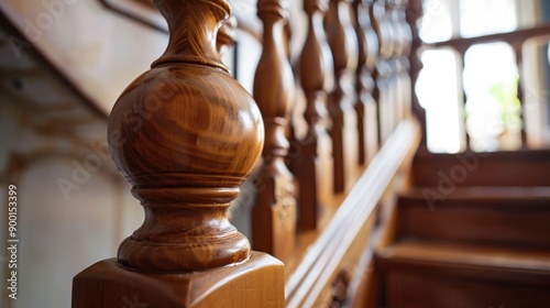 Wooden Staircase Detail:Close-up view of an intricately carved wooden newel post and handrail on a classic staircase, showcasing the rich texture and craftsmanship of the wood.