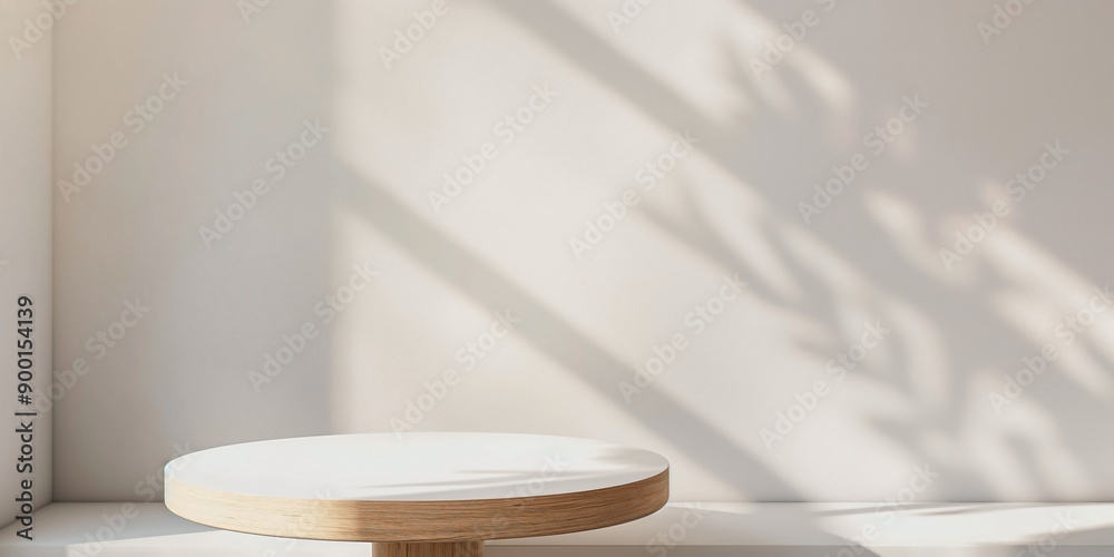 an empty wooden white round table placed against a white wall background. an empty wooden white round table placed against a white wall background.