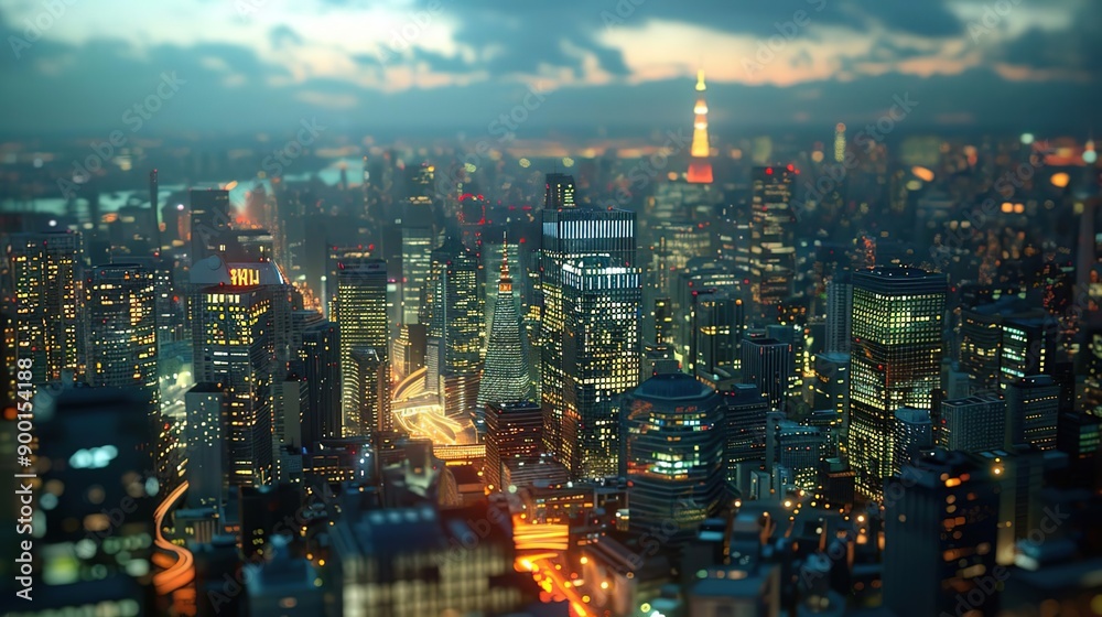 Fototapeta premium Nighttime Cityscape with Illuminated Skyscrapers and Traffic - 3D Illustration