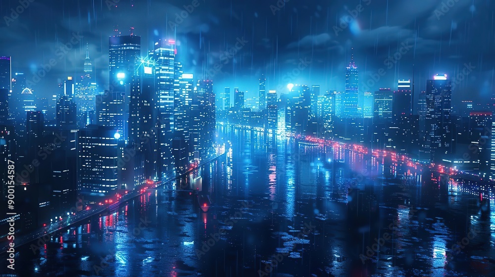 Cyberpunk Cityscape Illustration with Rain and Reflections Cyberpunk Cityscape Illustration with Rain and Reflections