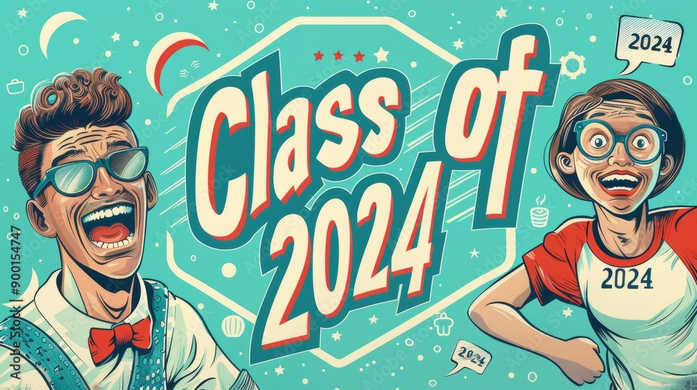 Obraz premium Burst into the Future: Class of 2024 Comic Book Style Banner with Pop Art Elements