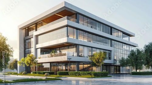 Modern Office Building with Glass Facade and Green Landscaping 3D Illustration © Vikarest