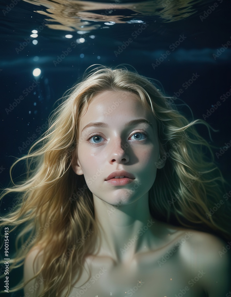 Naklejka premium Underwater view of cheerful young female in swimwear smiling and looking at camera 