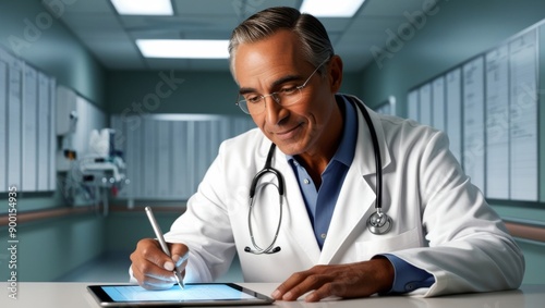 Wallpaper Mural A middle-aged male doctor with a gentle, worn expression, sporting a stethoscope around his neck, dressed in a crisp white lab coat with a subtle sheen, and a pair of wire-framed glasses perched Torontodigital.ca