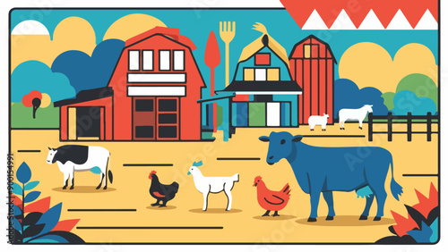 Farm background with barn, windmill, tractor and cows. Concept of organic products, farming products and farming of cows, chickens, sheep. Vector illustration.