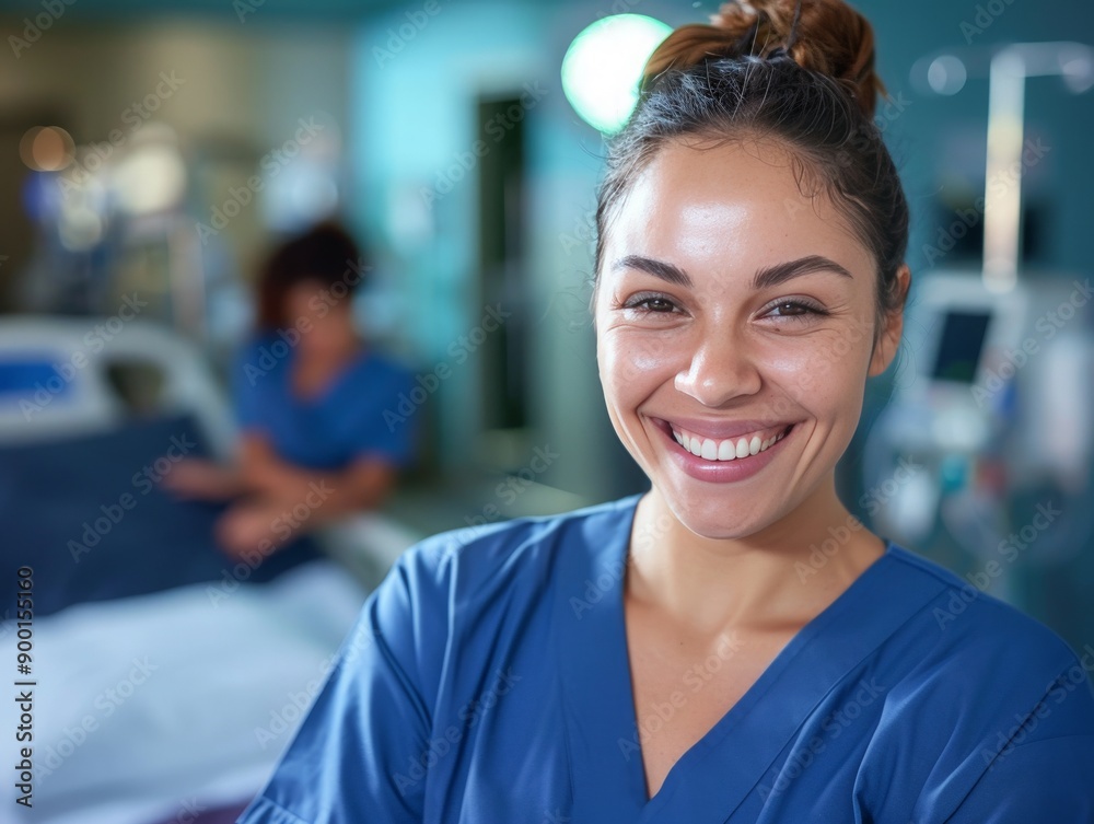 Cheerful nurse in scrubs, with a hospital room in the background, embodying compassion and care Cheerful nurse in scrubs, with a hospital room in the background, embodying compassion and care