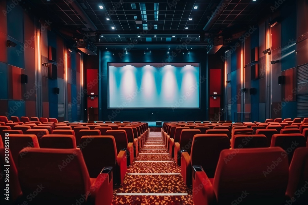 Cinema auditorium with a mix of modern and retro elements, featuring comfortable seats and a large screen, ready for the audience Cinema auditorium with a mix of modern and retro elements, featuring comfortable seats and a large screen, ready for the audience