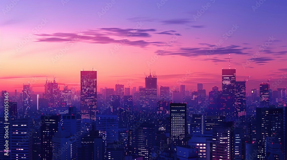 Fototapeta premium Cityscape with Pink Sunset Illustration